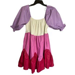 Fantastic Fawn Coated Color Block Babydoll Mini Dress Womens Medium Puff Sleeve